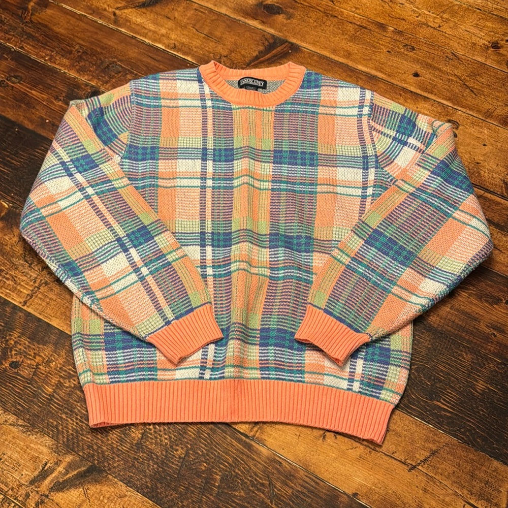 Lands' End 100% Cotton Spring Pastels Plaid Crewneck Sweater size medium